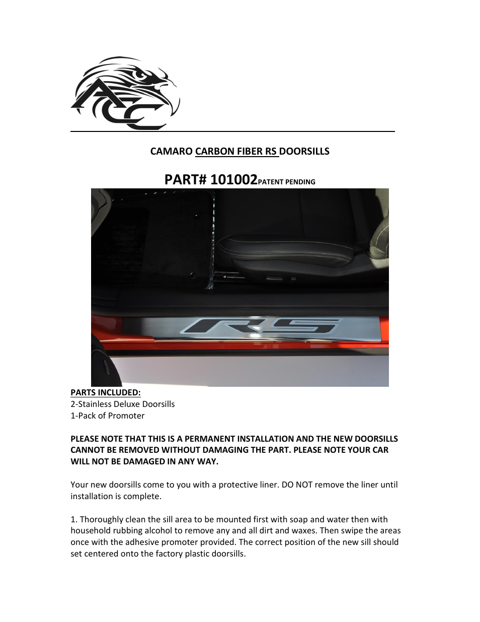 American Car Craft Camaro Doorsills Brushed_Polished w_Carbon Fiber "RS 2Pc Outer 2010-2013" User Manual | 2 pages