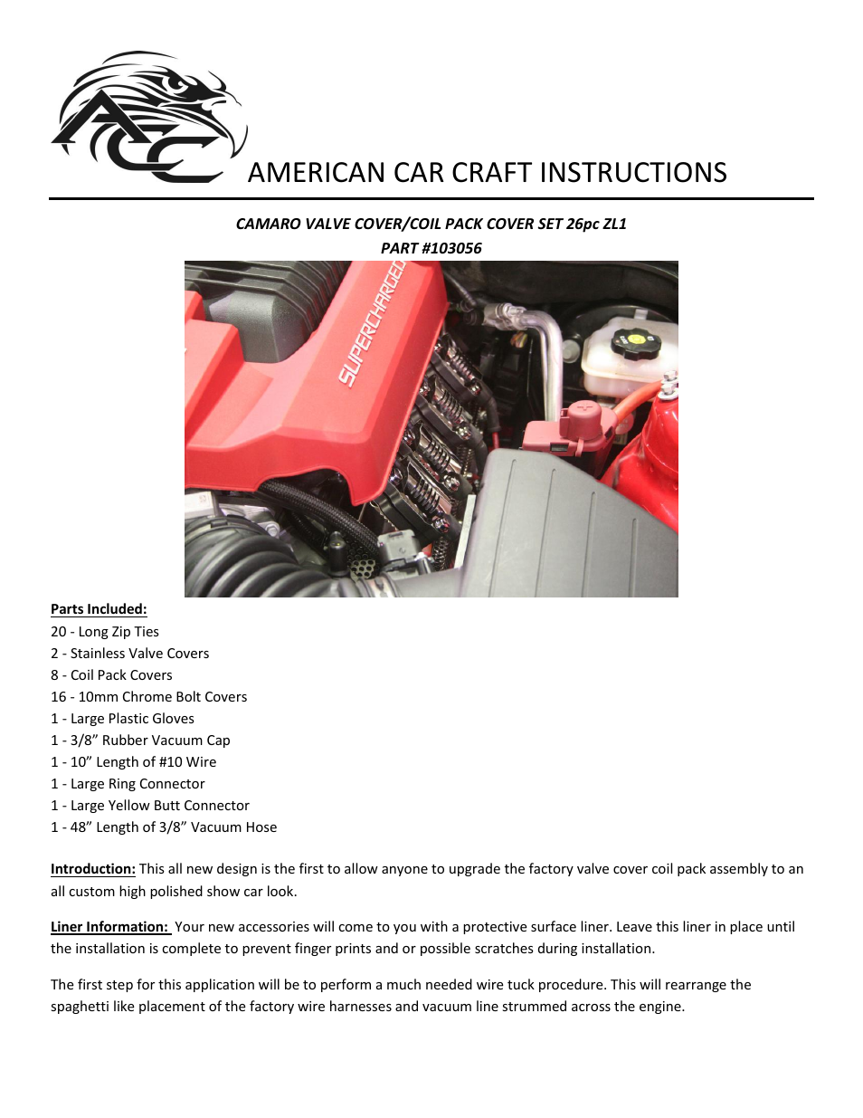 American Car Craft Camaro Valve Cover_Coil Pack Cover Set Polished ZL1 Only 2012-2013 User Manual | 4 pages