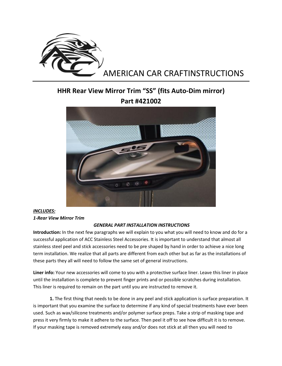 American Car Craft HHR Rear View Mirror Trim Brushed "SS Auto Dim 09-up SS Models" User Manual | 2 pages