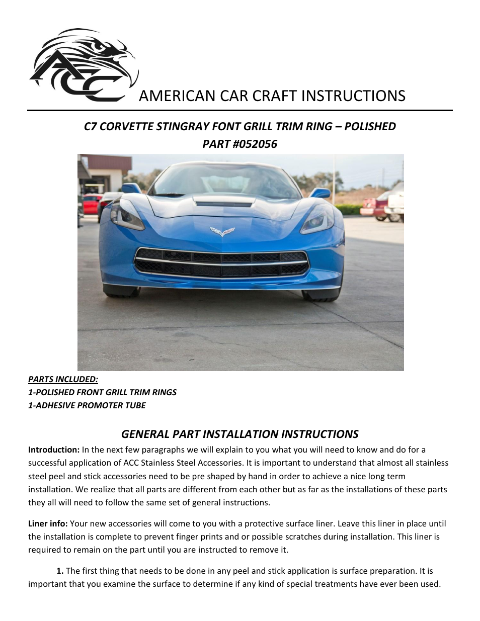 American Car Craft Corvette Stingray Front Grille Factory Trim Ring Polished 2014+ C7 User Manual | 2 pages