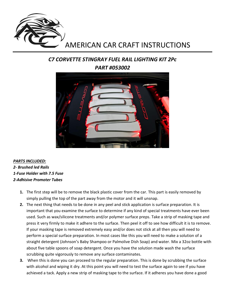American Car Craft Corvette Stingray Fuel Rail Lighting Kit 2Pc 2014+ C7 User Manual | 2 pages