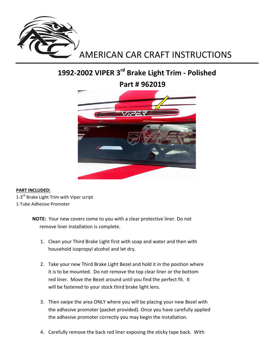 American Car Craft Dodge Viper 3rd Brake Light Trim with "Viper script Polished 1992-2002" User Manual | 2 pages