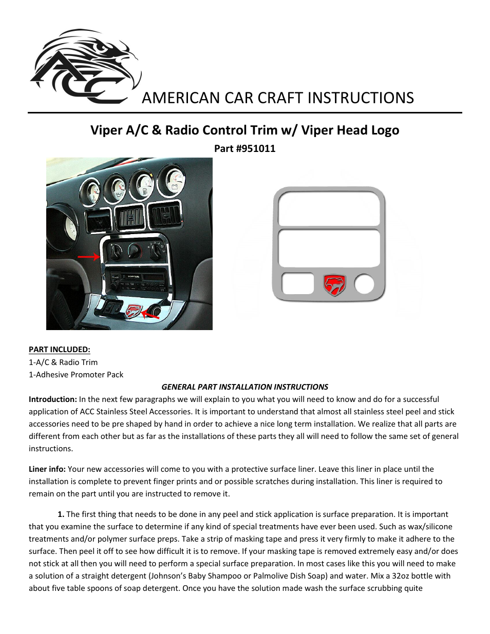 American Car Craft Dodge Viper A_C & Radio Control Trim Ring with Viper Head Logo Polished 1992-1995 User Manual | 2 pages