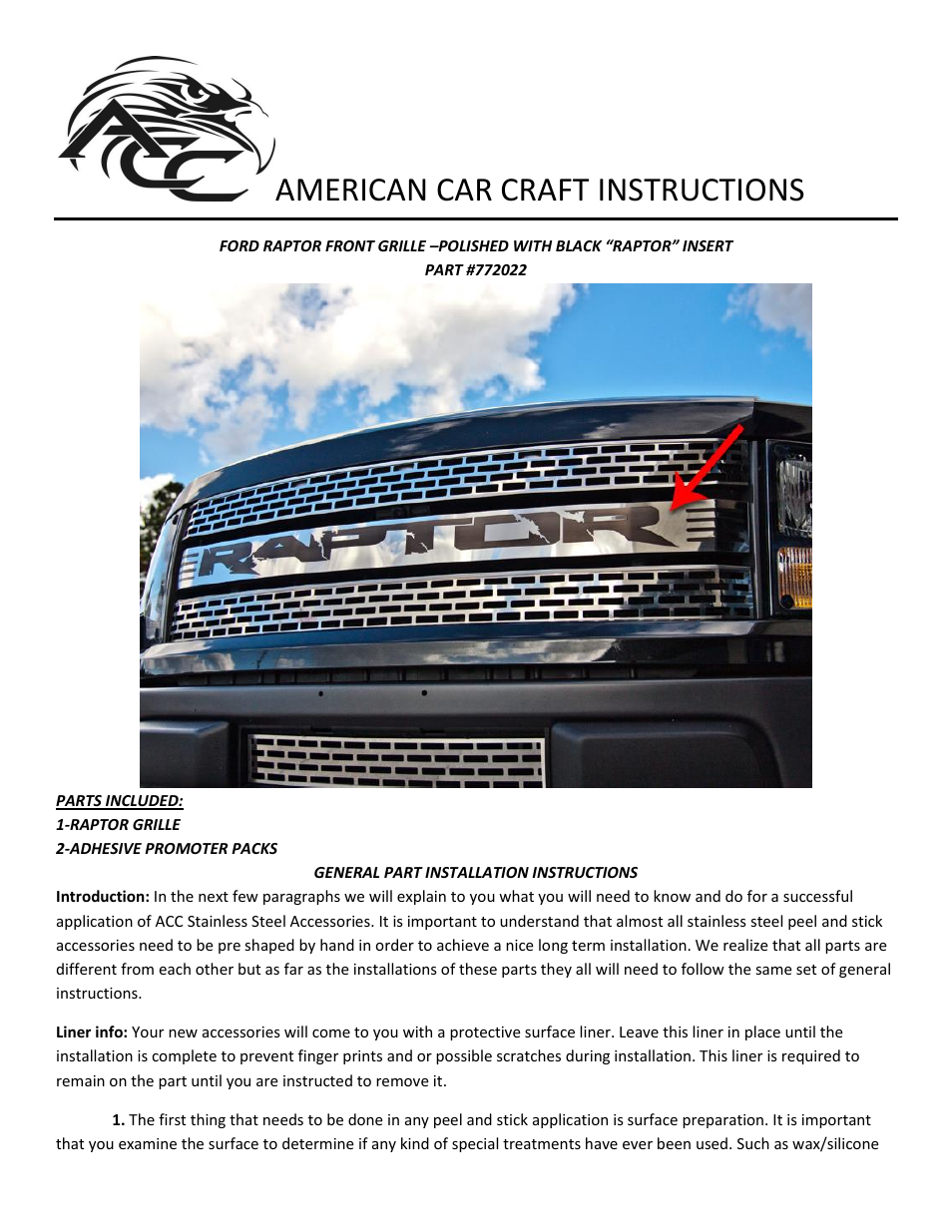 American Car Craft Ford Raptor Front Grille Polished with Black "RAPTOR Insert 2010-2013" User Manual | 2 pages