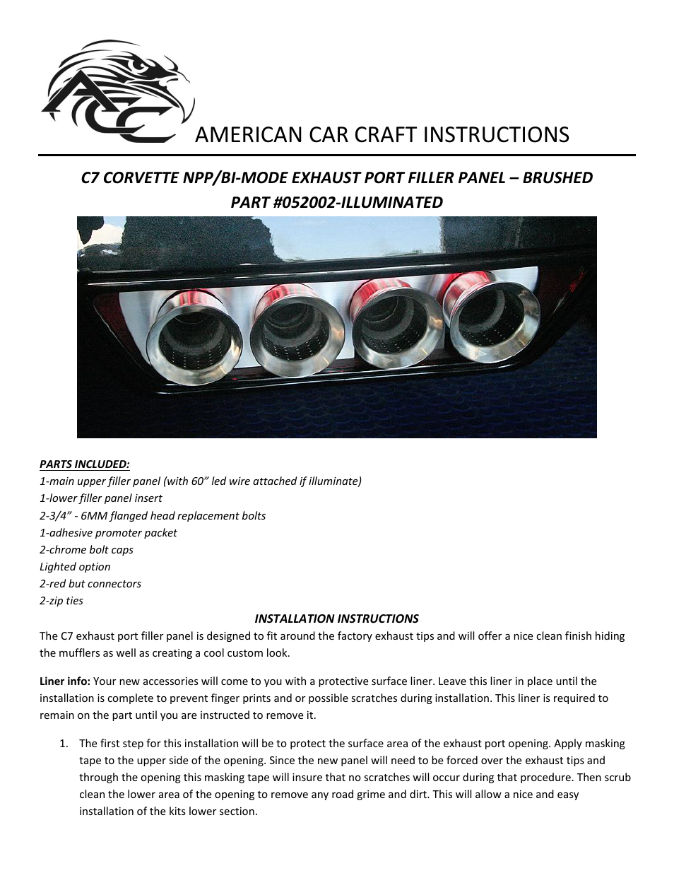 American Car Craft Corvette Stingray Exhaust Filler Panel NPP+Dual-Mode+Bi-Mode Exhaust Brushed Illuminated 2014+ C7 User Manual | 3 pages