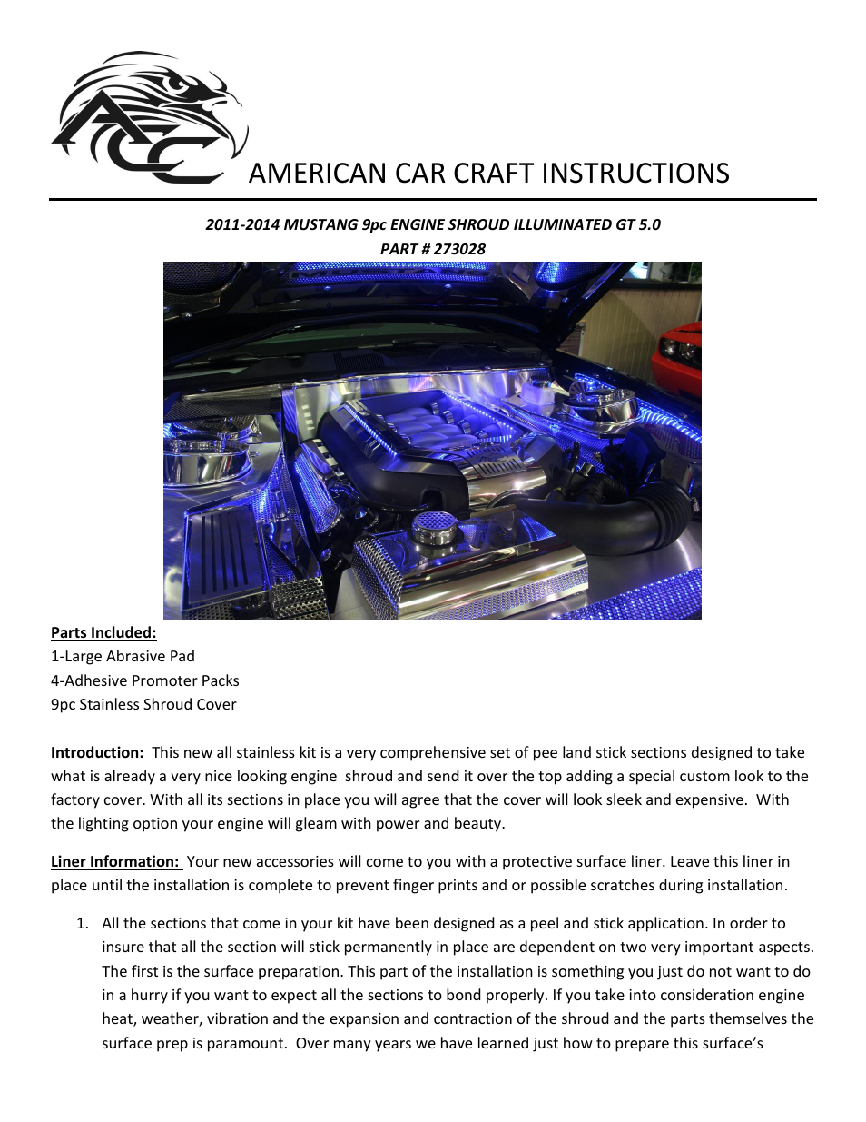 American Car Craft Mustang Engine Shroud Covers Illuminated 5.0 GT 9Pc Polished_Brushed 2011-2014 User Manual | 2 pages