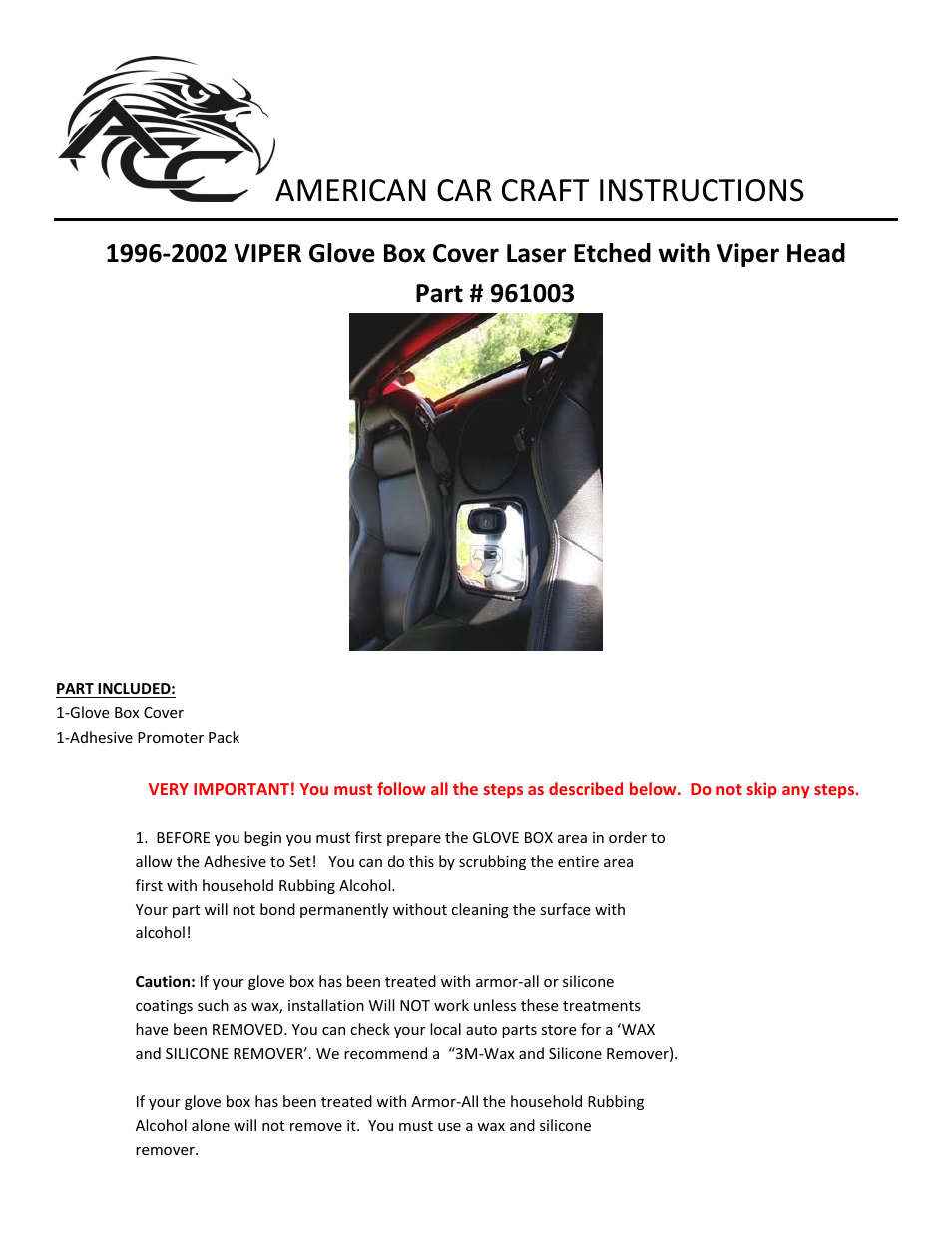 American Car Craft Dodge Viper Glove Box Cover with Laser Etched Viper Head Logo Polished 1996-2002 User Manual | 2 pages