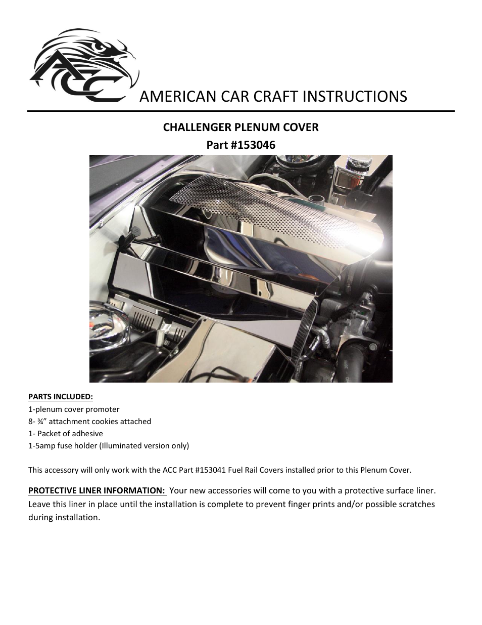 American Car Craft Challenger 5.7L Plenum Cover Perforated 2009-2013 User Manual | 2 pages