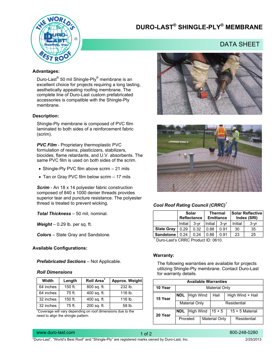 Duro-Last Shingle-Ply Membrane User Manual | 2 pages