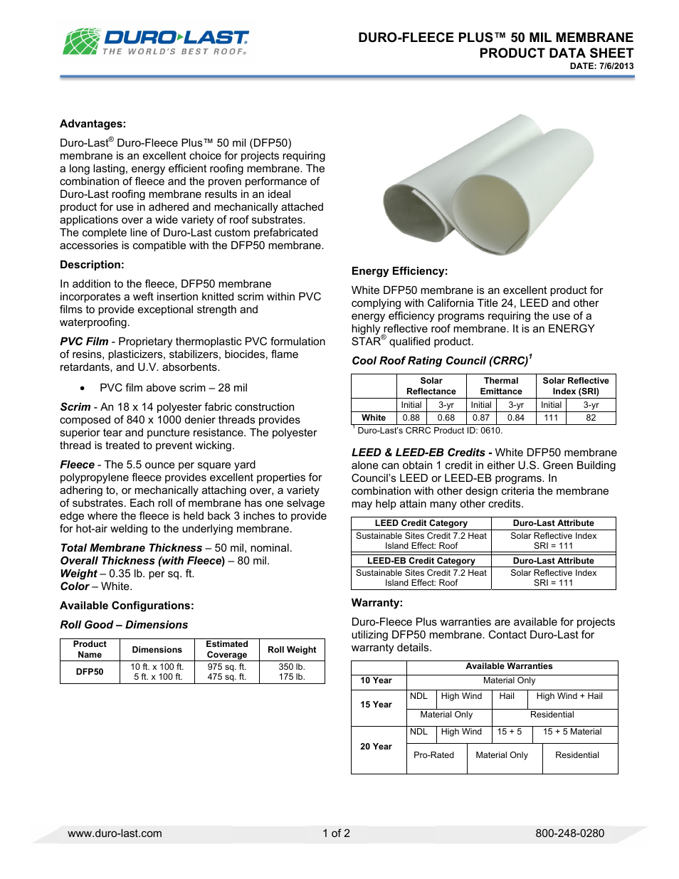 Duro-Last DFP50 Membrane User Manual | 2 pages