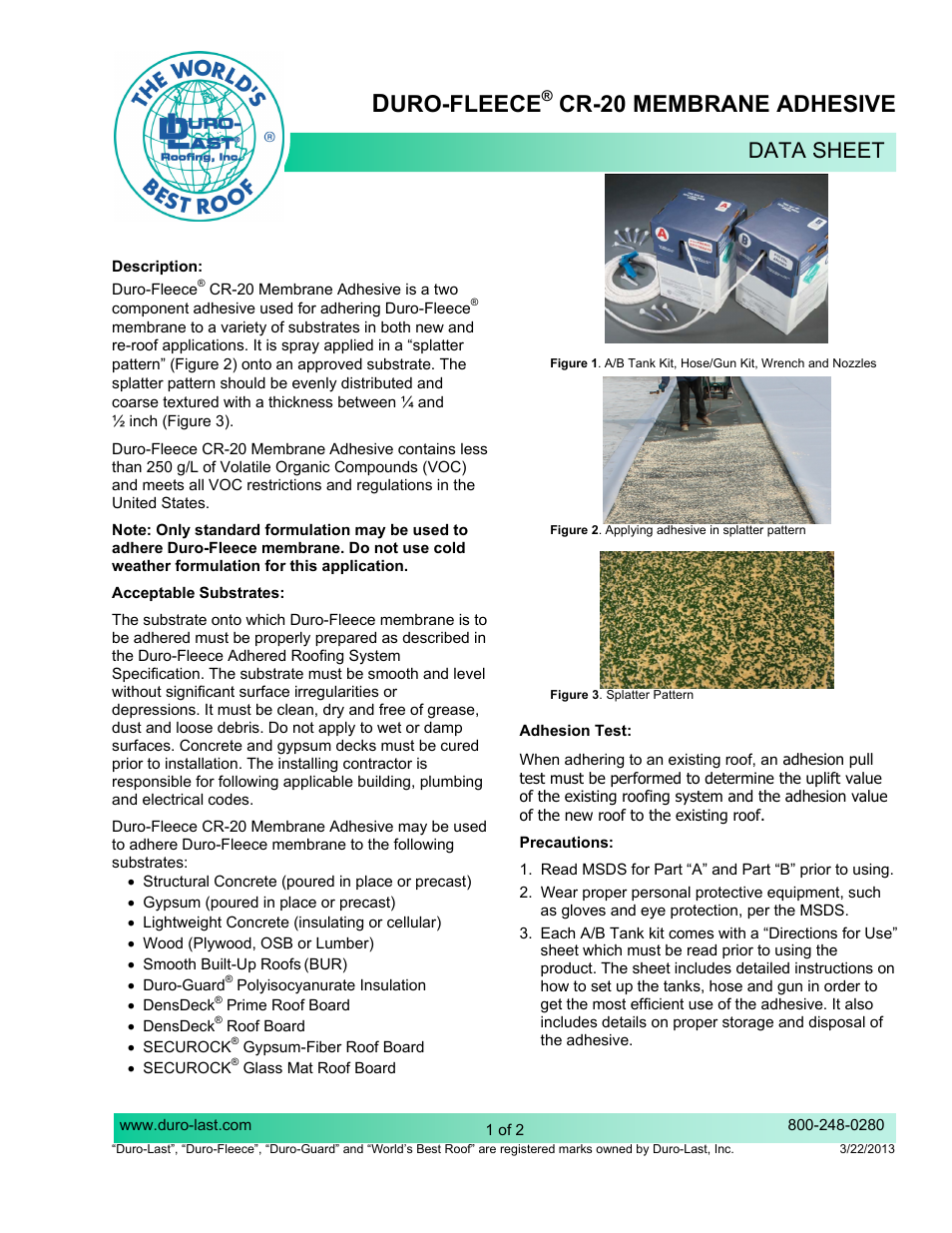 Duro-Last Duro-Fleece CR-20 Membrane Adhesive User Manual | 2 pages