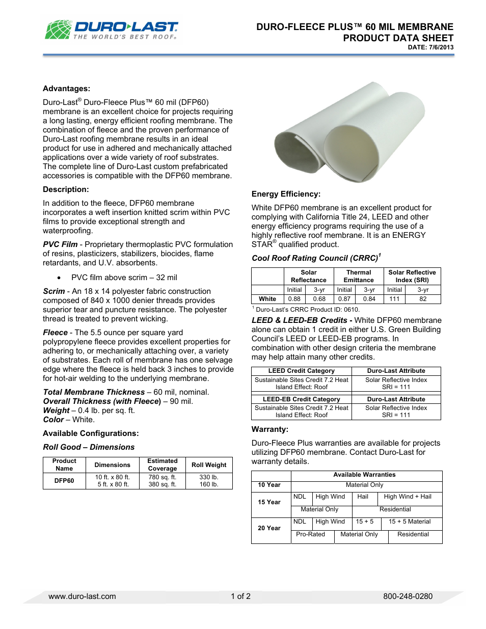 Duro-Last DFP60 Membrane User Manual | 2 pages