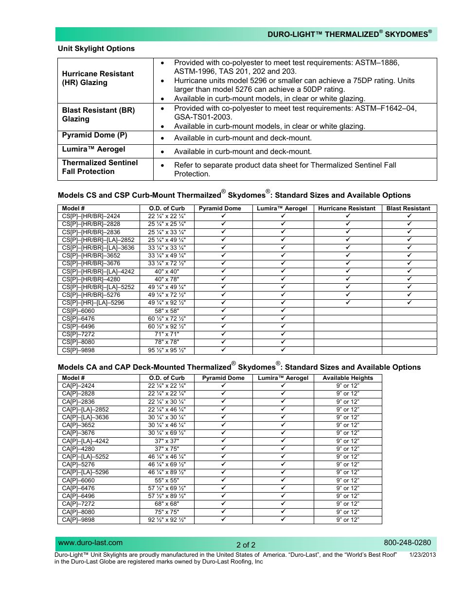 Duro-Last Duro-Light Thermalized Skydomes User Manual | Page 2 / 2