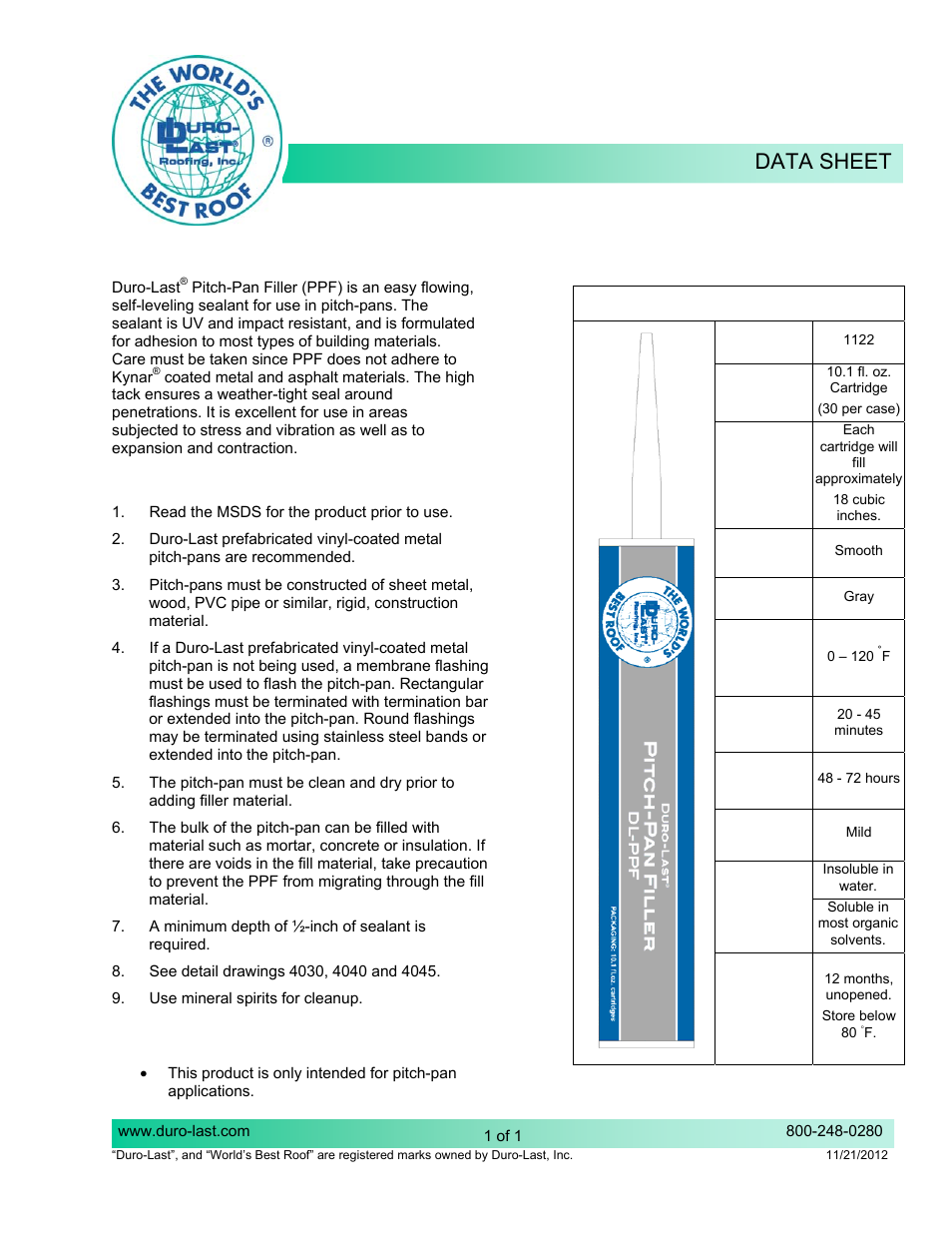 Duro-Last Pitch Pan Filler (PPF) User Manual | 1 page