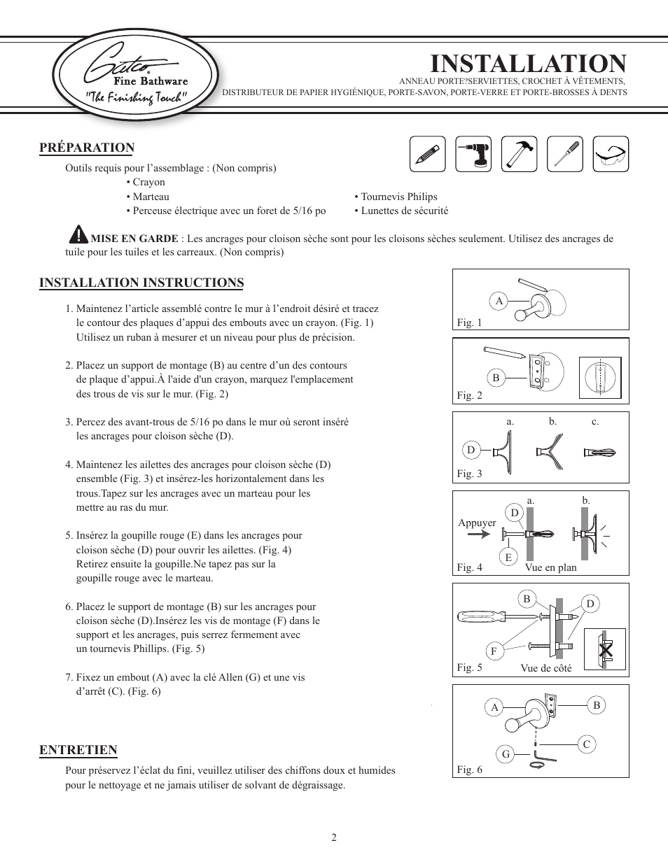 Installation, Préparation, Installation instructions | Entretien | Gatco 4143-Jewel Euro Tissue Holder in Chrome User Manual | Page 2 / 3