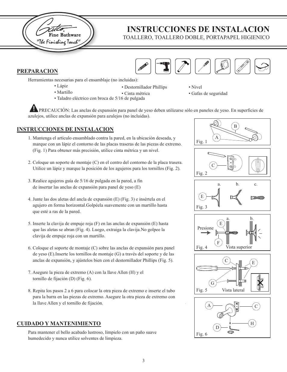 Preparacion, Instrucciones de instalacion, Cuidado y mantenimiento | Gatco 4144-Jewel 24" Double Towel Bar in Chrome User Manual | Page 3 / 3