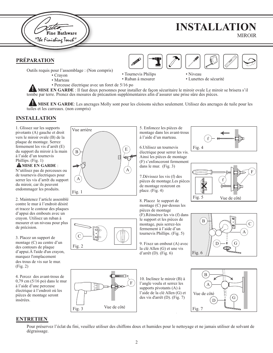 Installation | Gatco 4149S-Jewel Tilting Rectangular Mirror in Chrome User Manual | Page 2 / 3