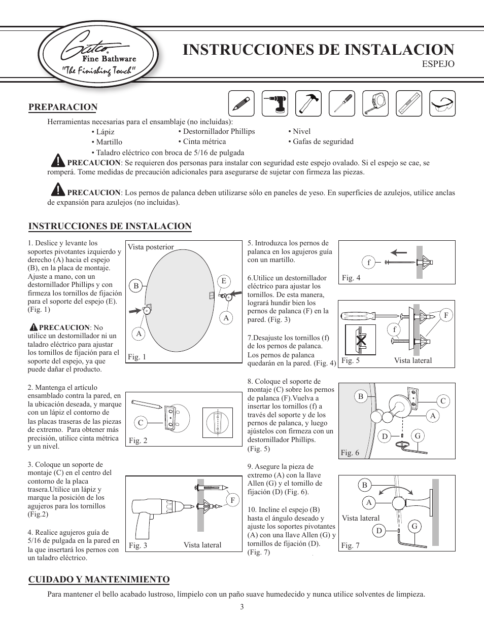 Instrucciones de instalacion | Gatco 4149S-Jewel Tilting Rectangular Mirror in Chrome User Manual | Page 3 / 3