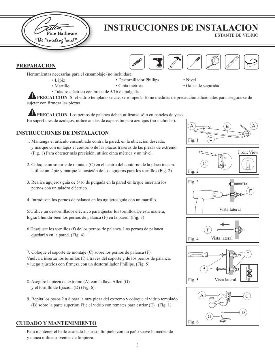 Instrucciones de instalacion | Gatco 1438-Premier Railing Shelf in Polished Brass User Manual | Page 3 / 3