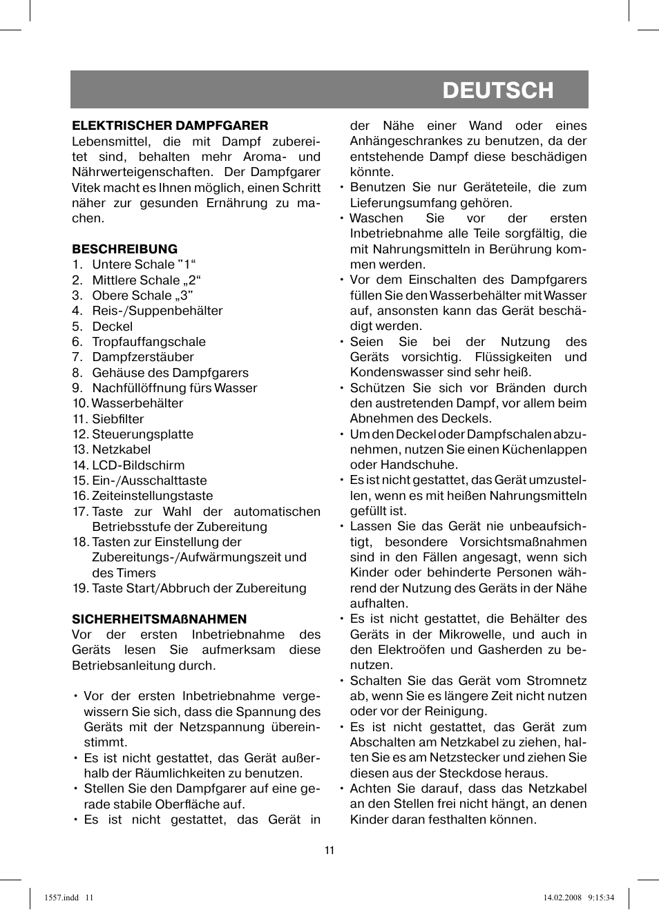 Deutsch | Vitek VT-1557 User Manual | Page 11 / 80