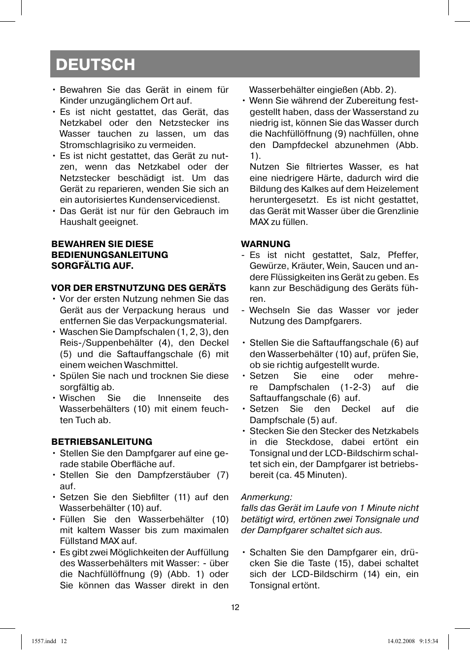 Deutsch | Vitek VT-1557 User Manual | Page 12 / 80