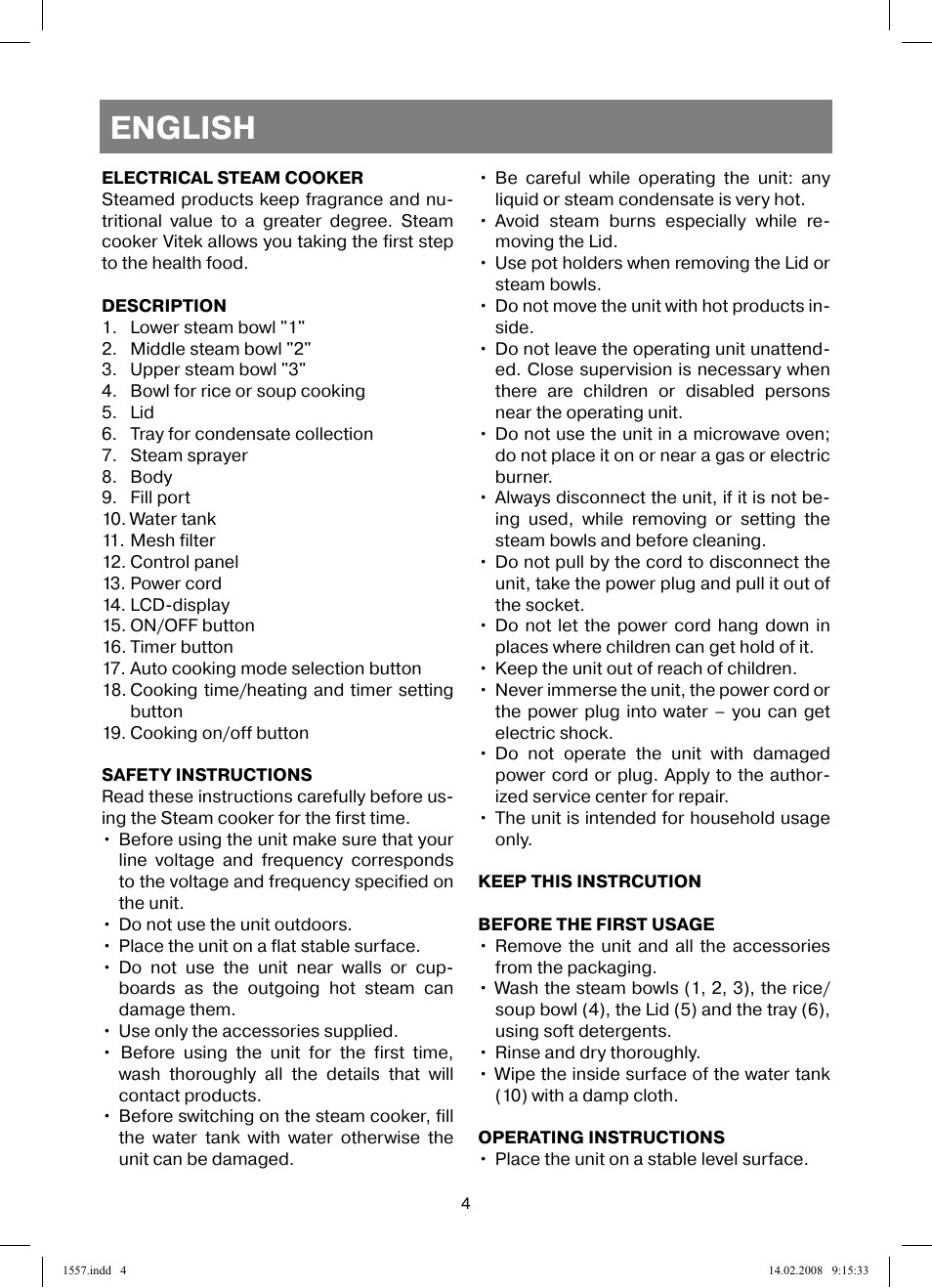 English | Vitek VT-1557 User Manual | Page 4 / 80