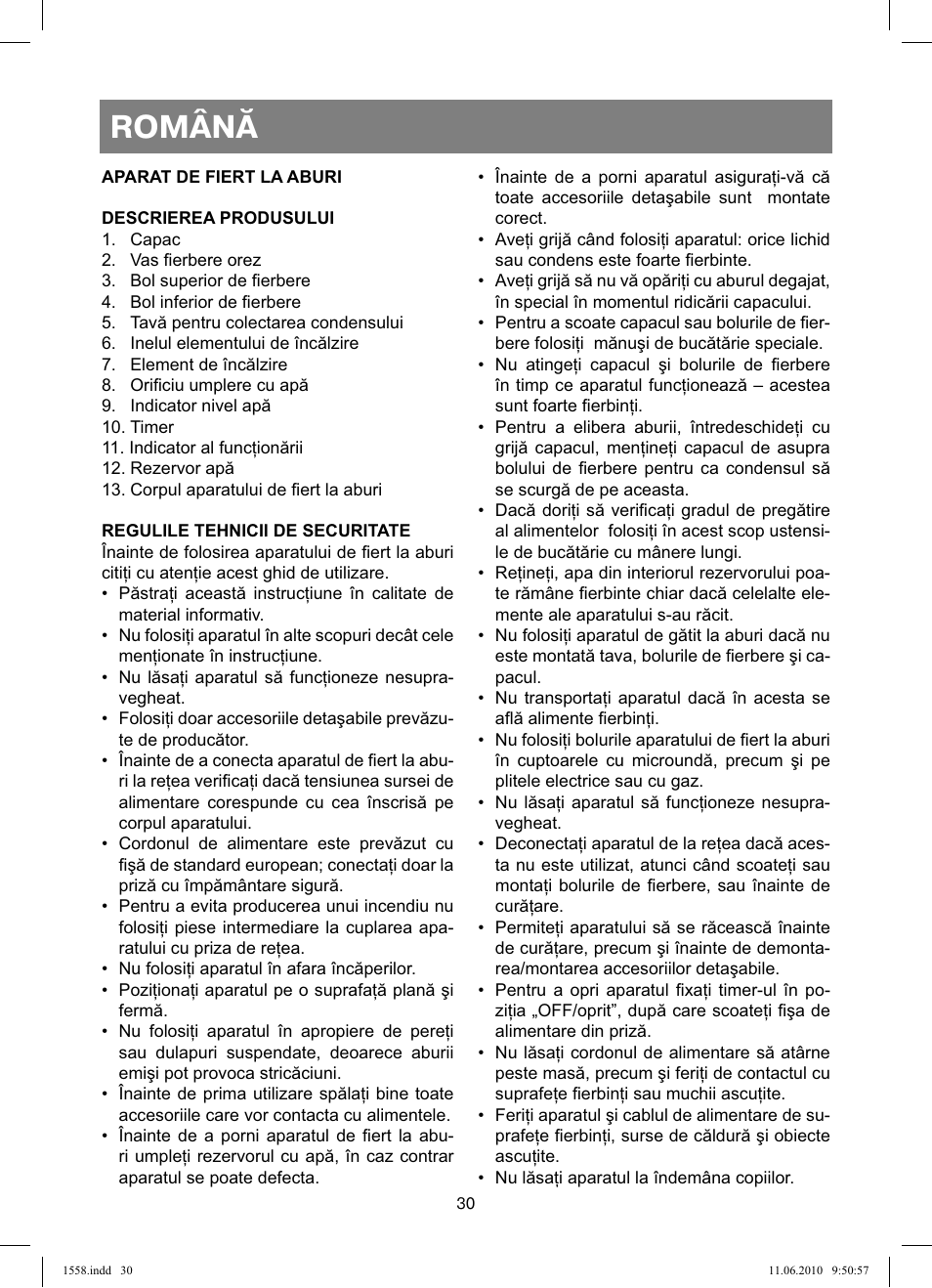 Română | Vitek VT-1558 User Manual | Page 30 / 64