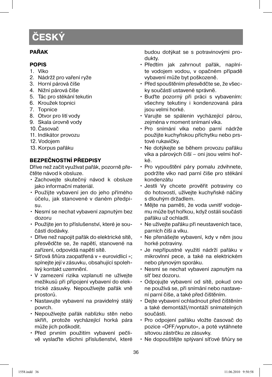 Český | Vitek VT-1558 User Manual | Page 36 / 64