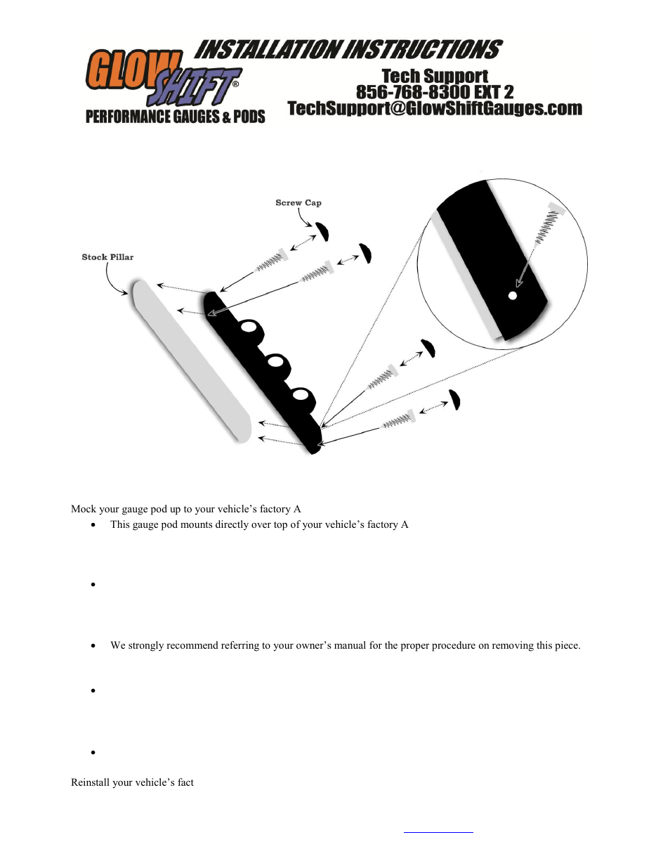 GlowShift Full Size Gauge Pillar Pod User Manual | 1 page