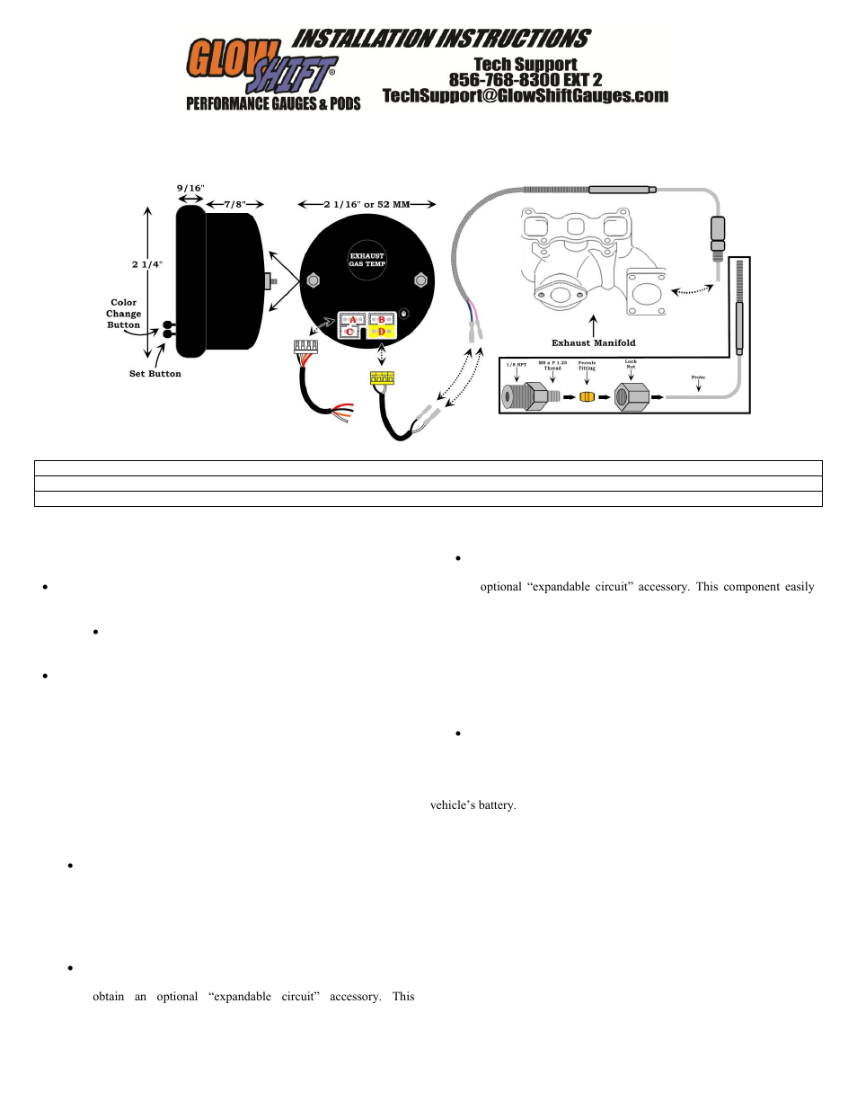 GlowShift Elite 10 Color Pyrometer EGT Gauge User Manual | 3 pages