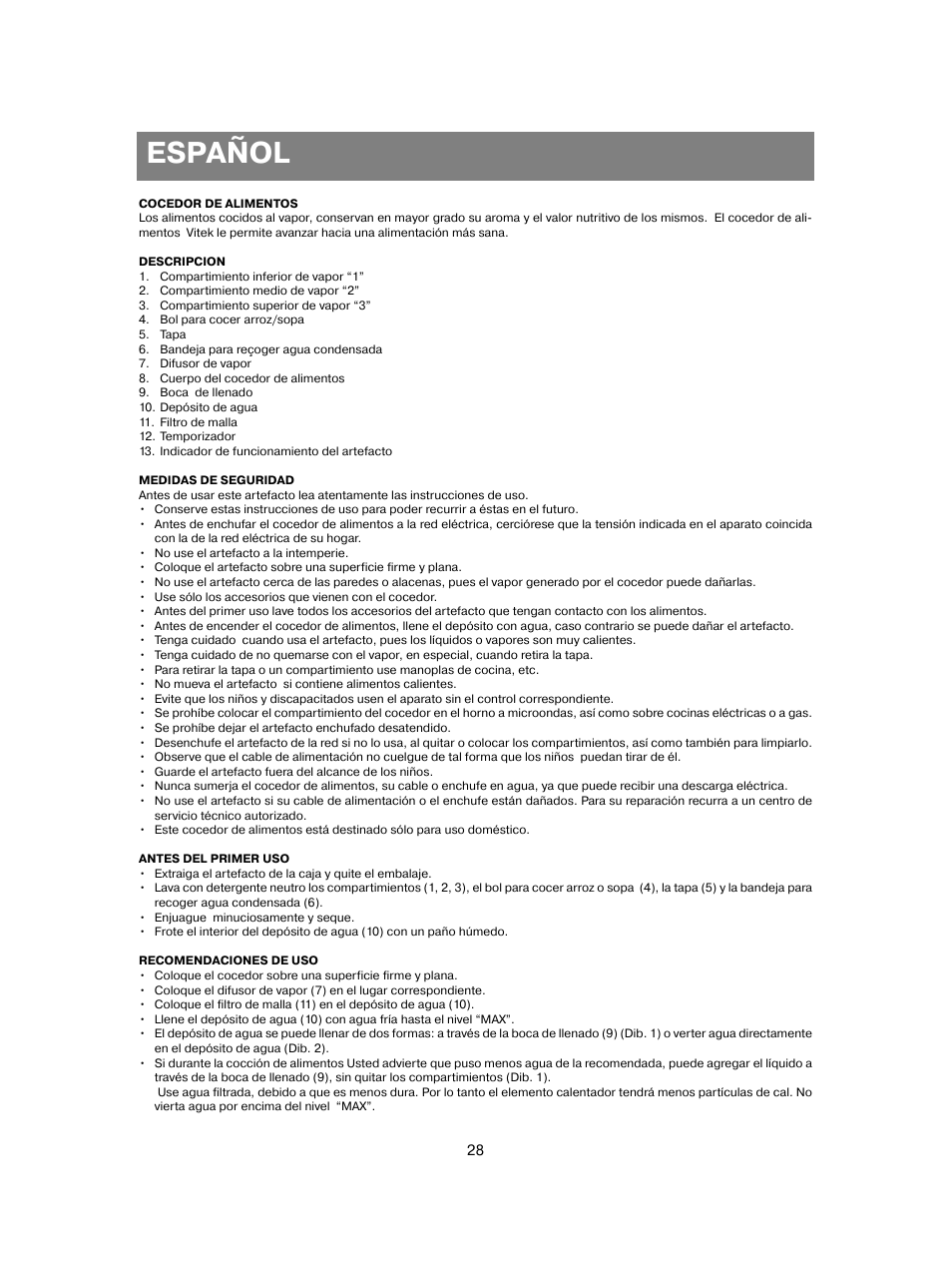 Español | Vitek VT-1551 B User Manual | Page 28 / 68