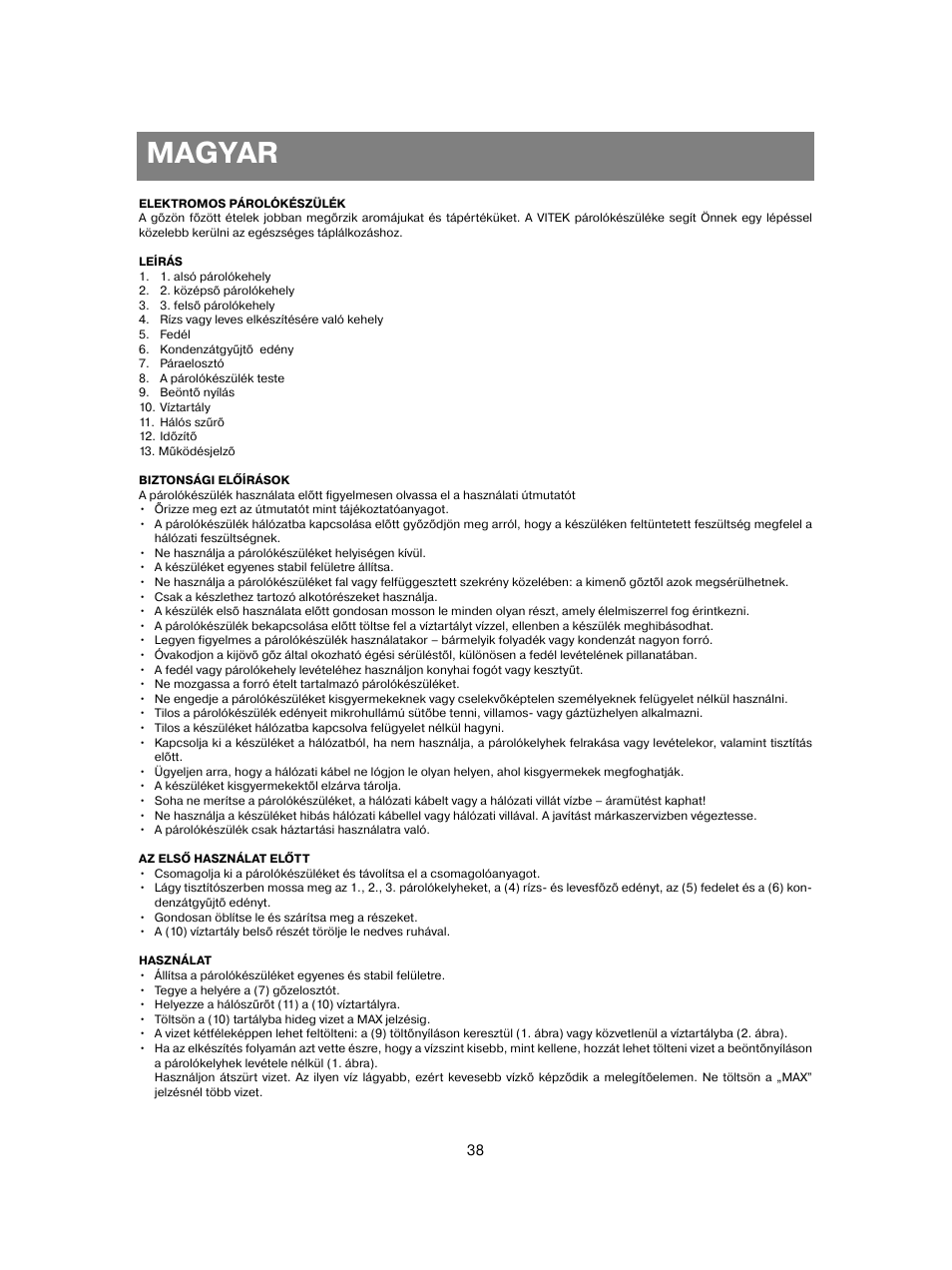 Magyar | Vitek VT-1551 B User Manual | Page 38 / 68