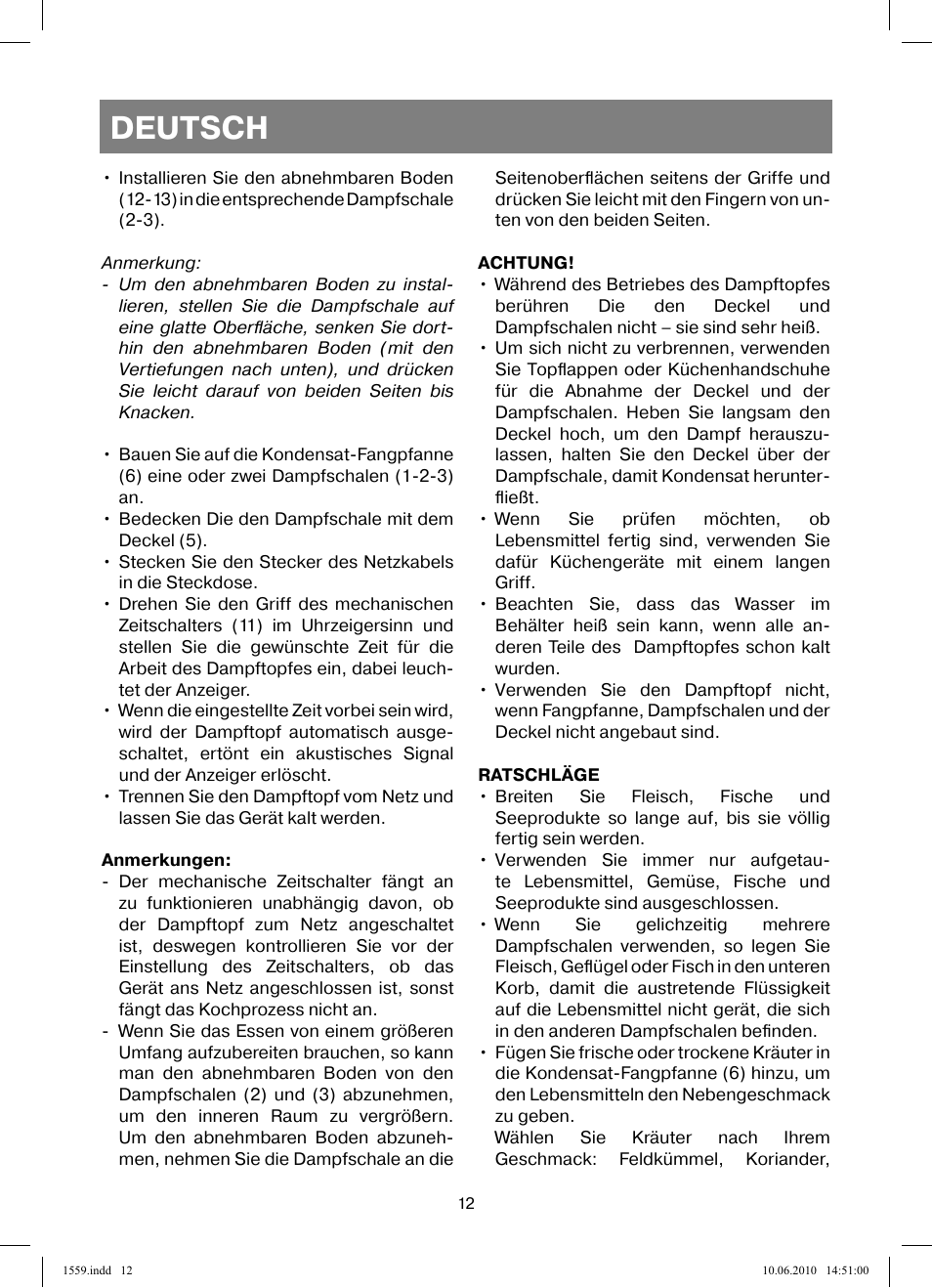 Deutsch | Vitek VT-1559 User Manual | Page 12 / 64