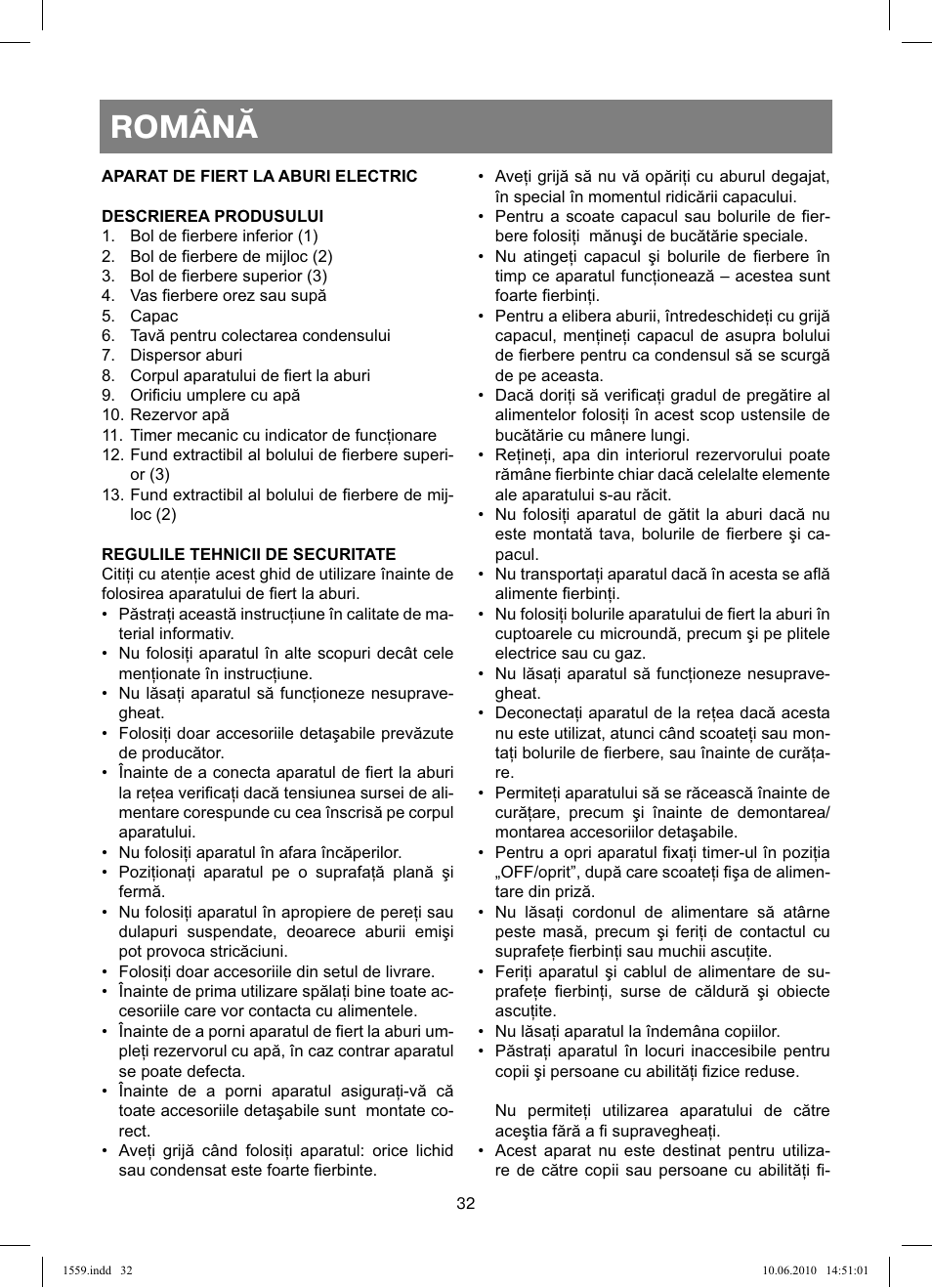 Română | Vitek VT-1559 User Manual | Page 32 / 64