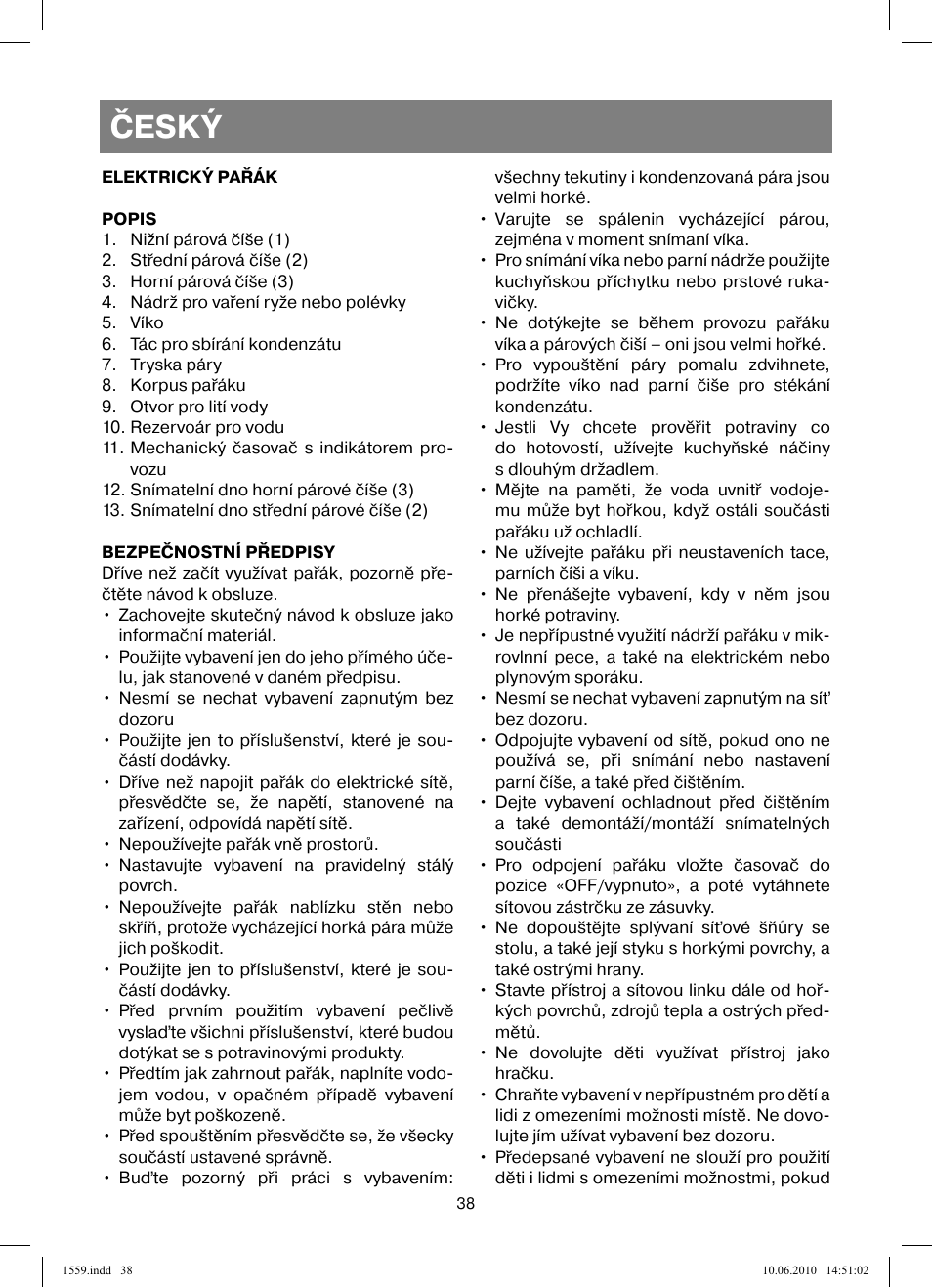 Český | Vitek VT-1559 User Manual | Page 38 / 64