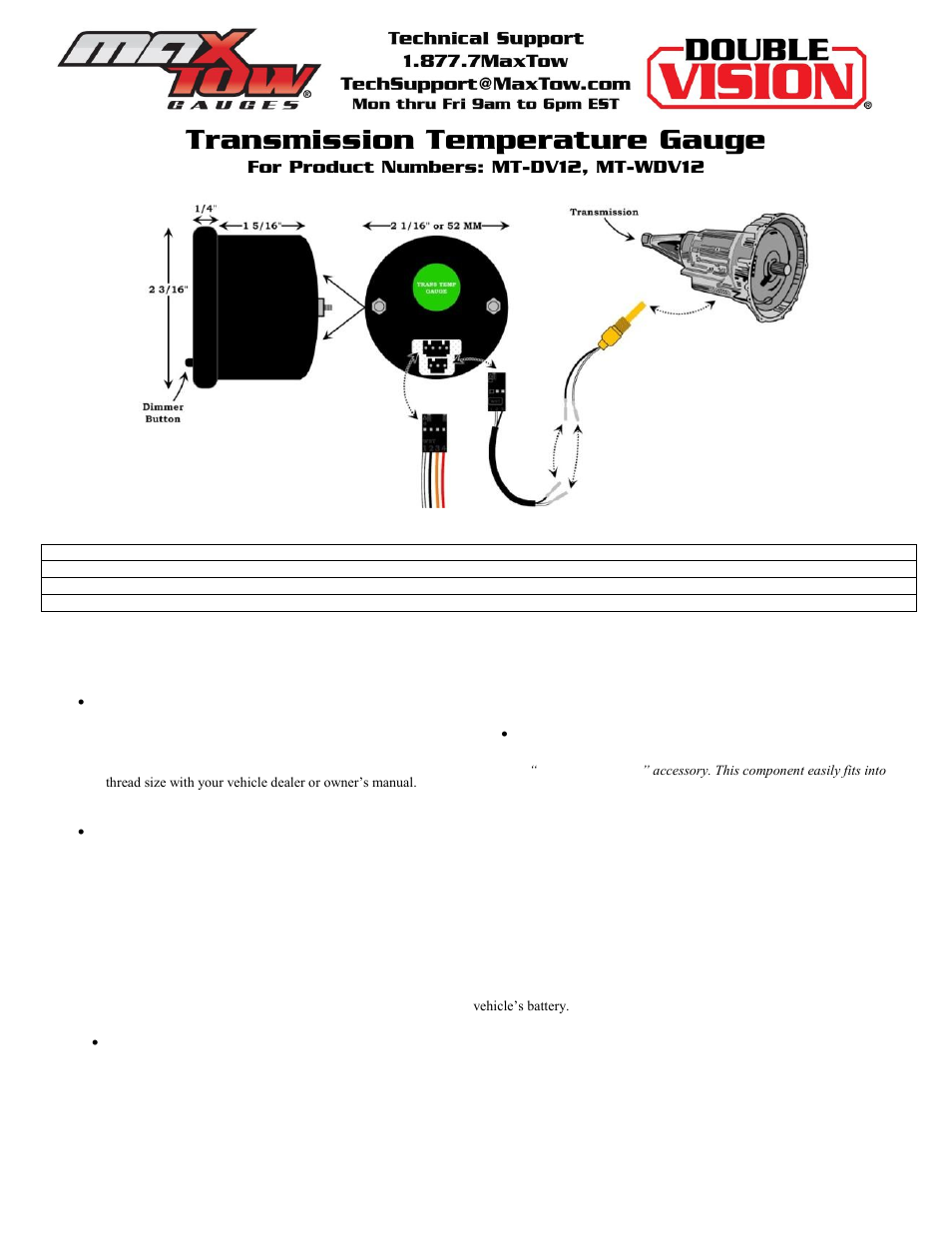 GlowShift MaxTow Series Transmission Temperature Gauge User Manual | 3 pages