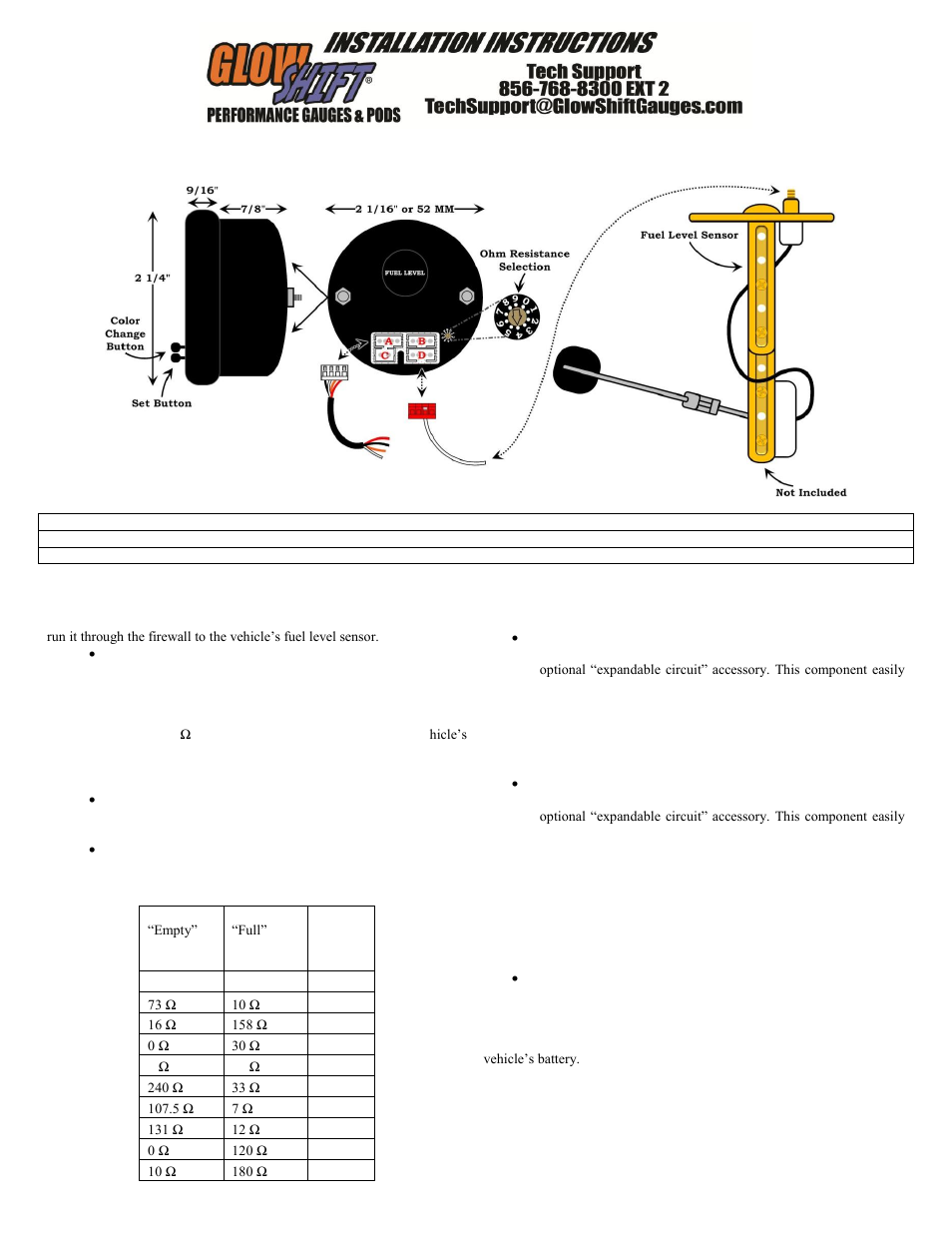 GlowShift Elite 10 Color Fuel Level Gauge User Manual | 3 pages