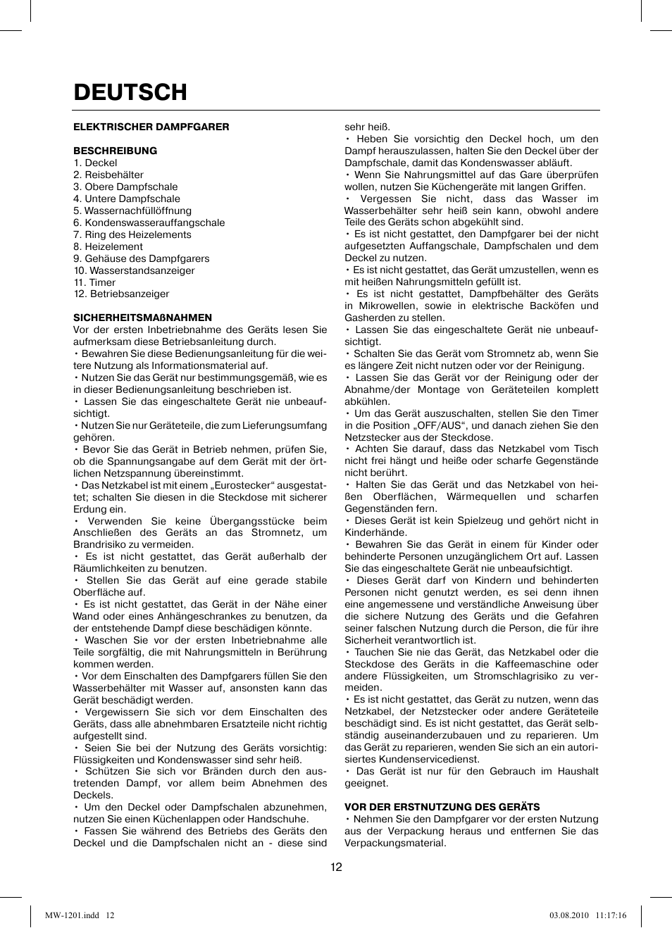 Deutsch | MAXWELL MW-1201 W User Manual | Page 12 / 44