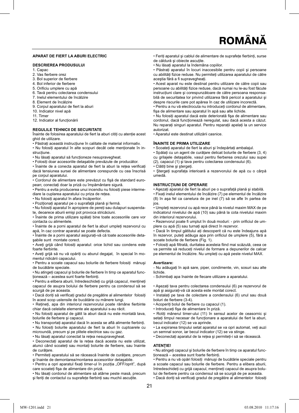 Română | MAXWELL MW-1201 W User Manual | Page 21 / 44