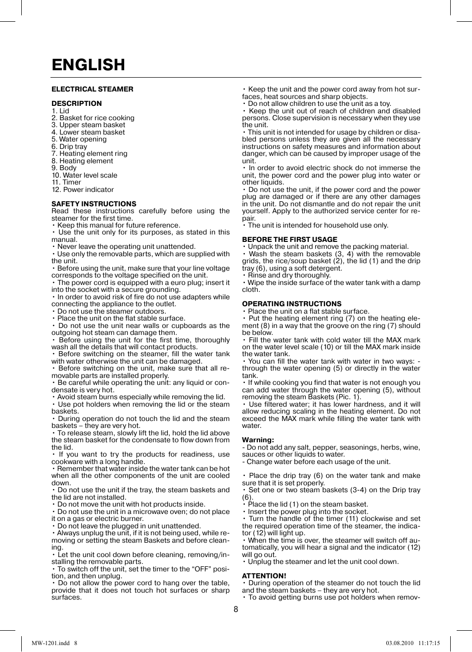 English | MAXWELL MW-1201 W User Manual | Page 8 / 44