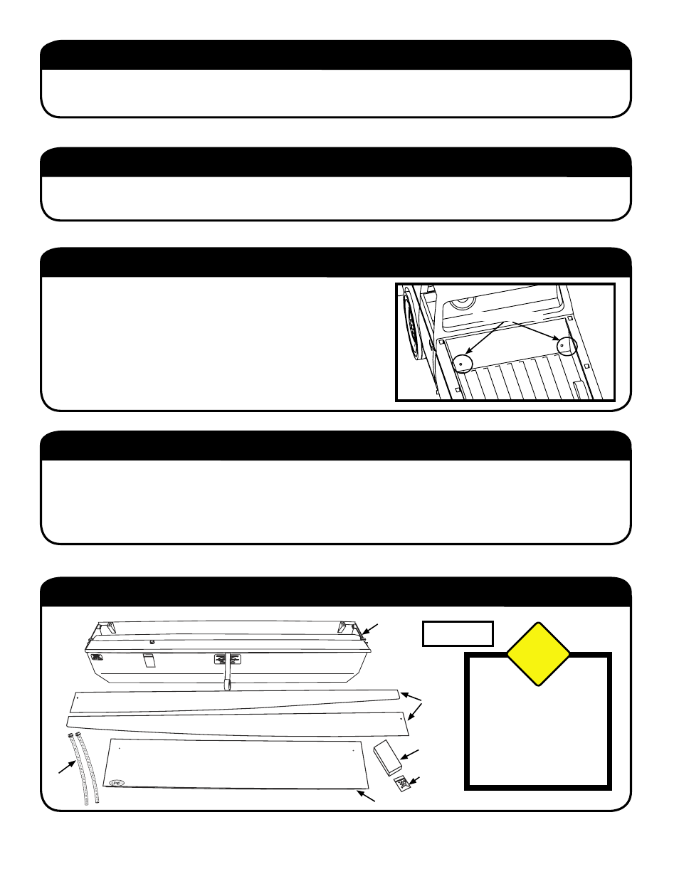 Drain hole locations, Tools required for assembly: before you start, Packaging contents | Step 1: remove packaging plywood & hardware, Caution, Discard plywood packaging and bolts | Pace-Edwards JR Series Ford Flareside User Manual | Page 2 / 8