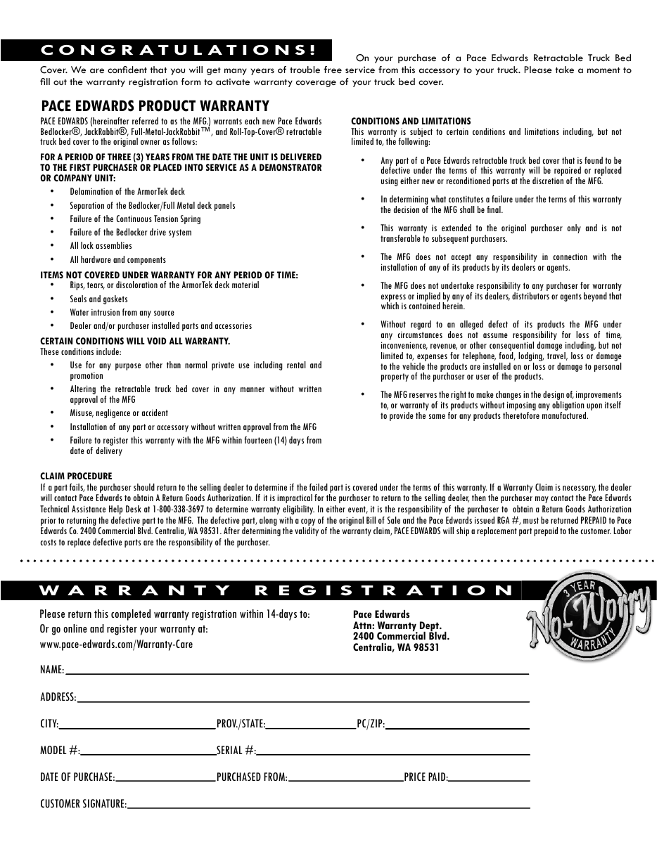 Pace edwards product warranty | Pace-Edwards JR Series Ford Flareside User Manual | Page 7 / 8