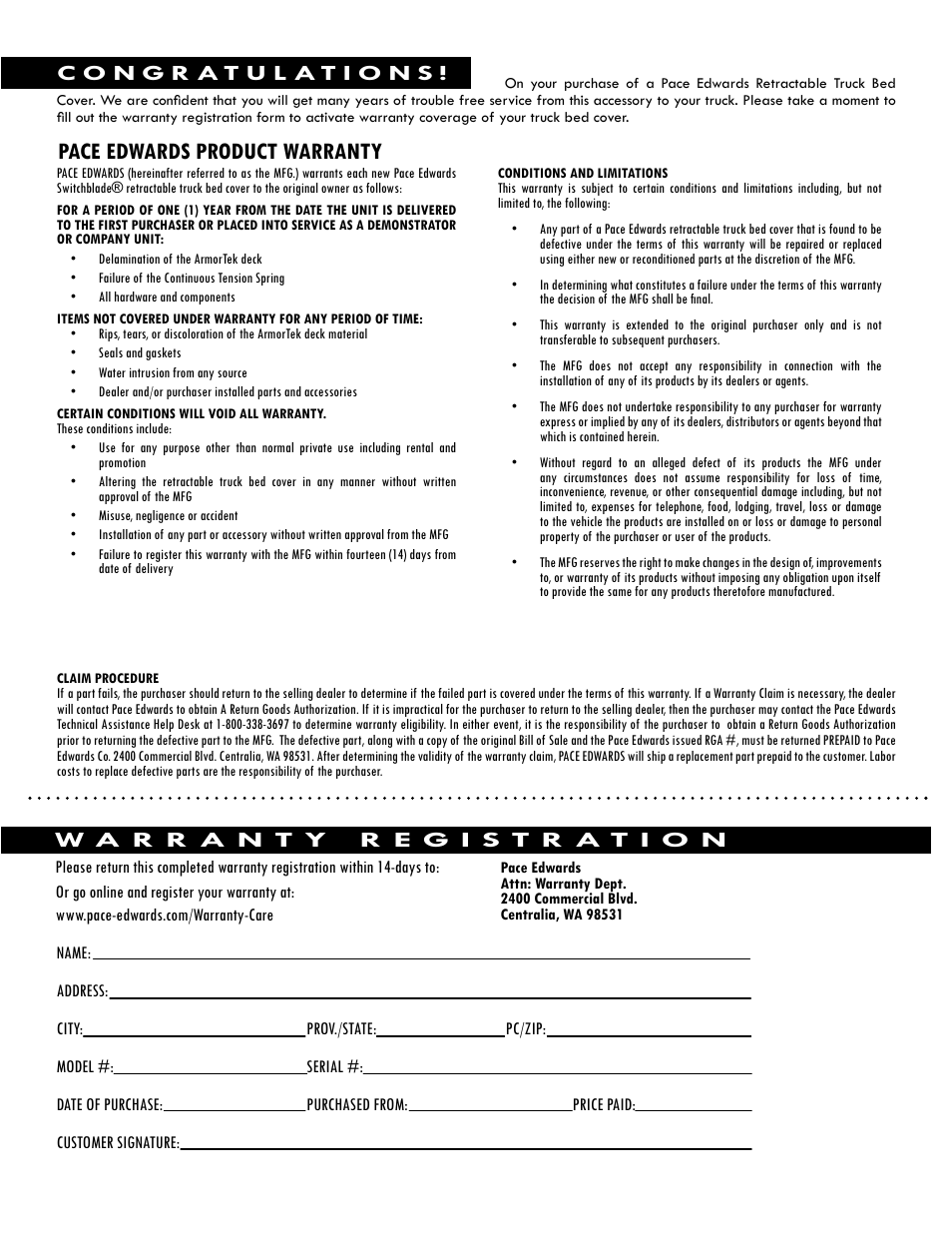 Pace edwards product warranty | Pace-Edwards SWITCHBLADE Ford Superduty User Manual | Page 7 / 8