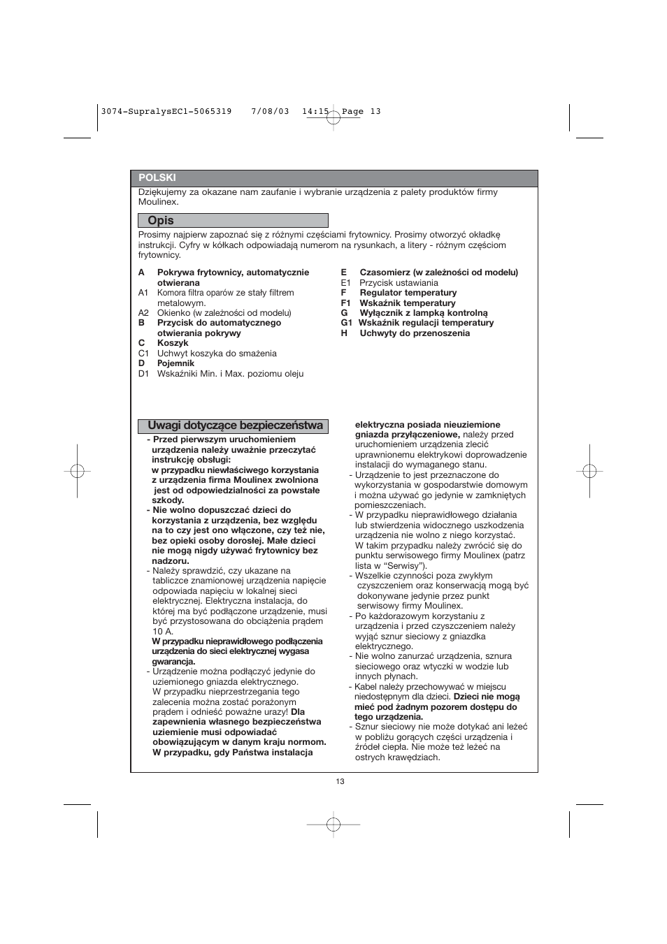 Uwagi dotyczące bezpieczeństwa, Opis | Moulinex AKGC SUPRALYS User Manual | Page 16 / 70