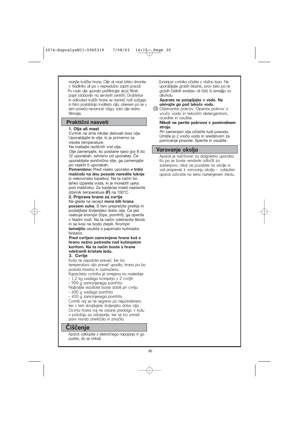 Čiščenje, Varovanje okolja | Moulinex AKGC SUPRALYS User Manual | Page 33 / 70