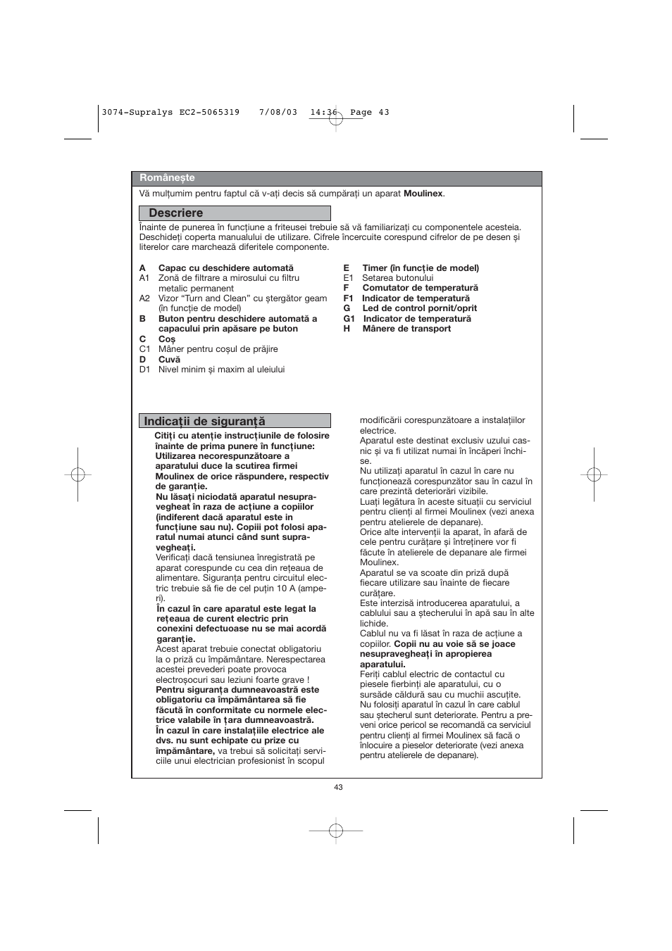 Descriere, Indicaţii de siguranţă | Moulinex AKGC SUPRALYS User Manual | Page 46 / 70