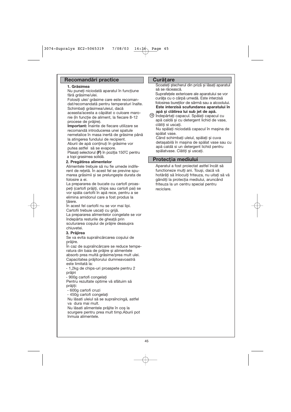 Recomandări practice, Curăţare, Protecţia mediului | Moulinex AKGC SUPRALYS User Manual | Page 48 / 70