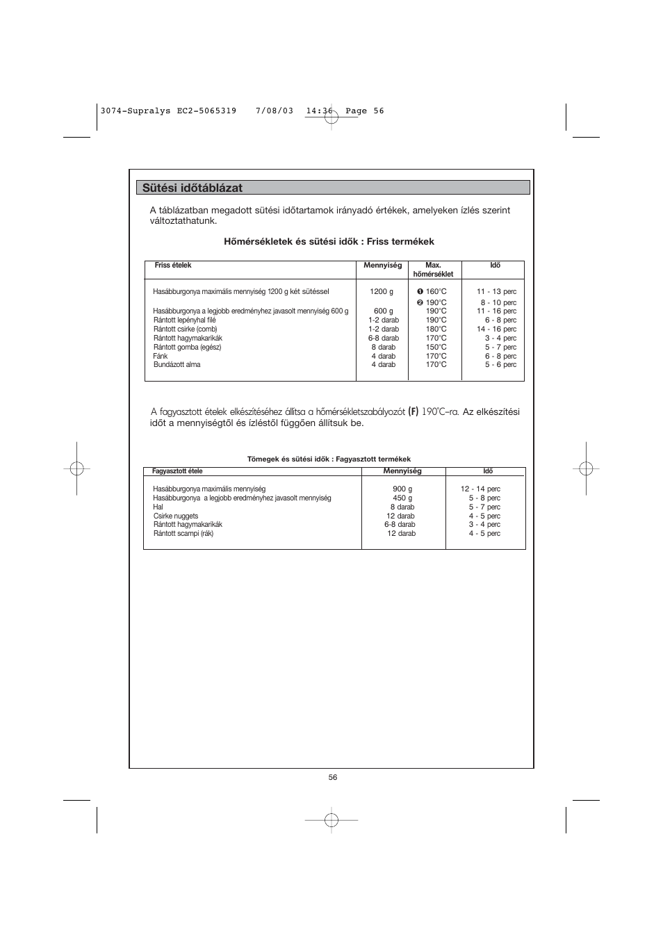 Sütési időtáblázat | Moulinex AKGC SUPRALYS User Manual | Page 59 / 70