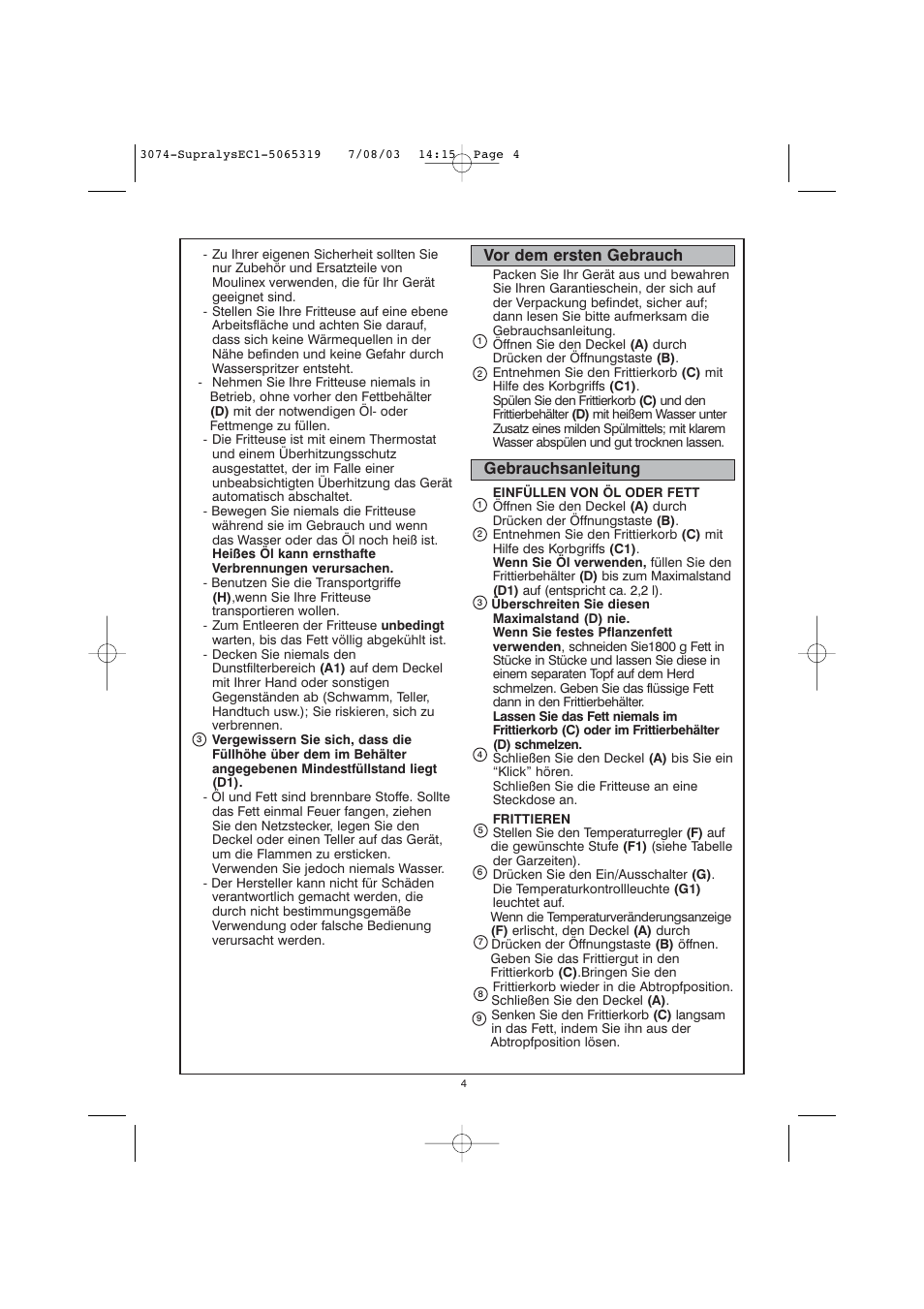 Vor dem ersten gebrauch, Gebrauchsanleitung | Moulinex AKGC SUPRALYS User Manual | Page 7 / 70