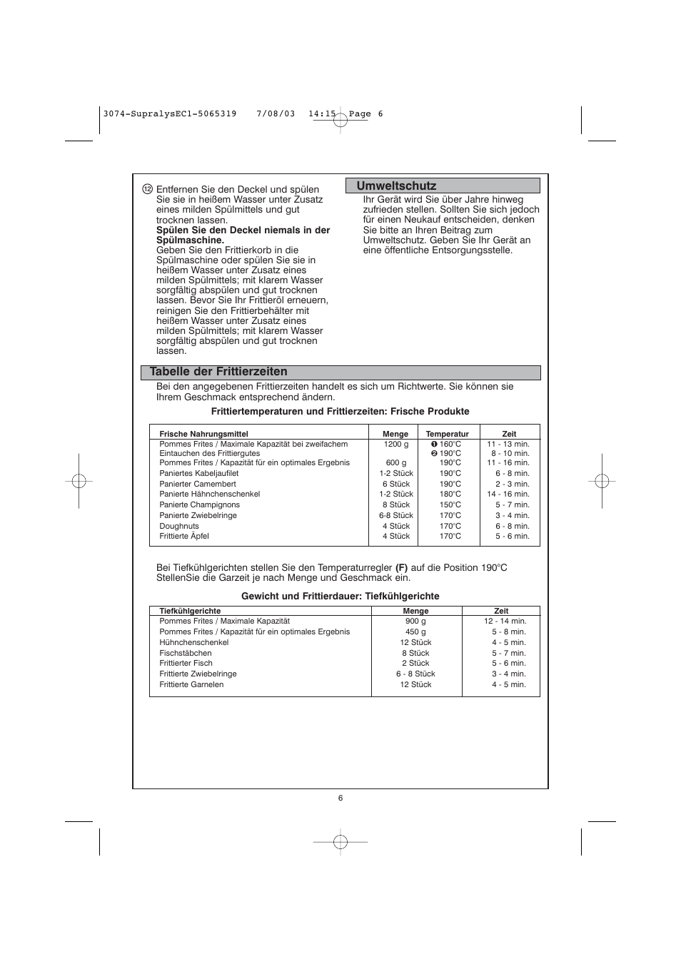 Umweltschutz, Tabelle der frittierzeiten | Moulinex AKGC SUPRALYS User Manual | Page 9 / 70
